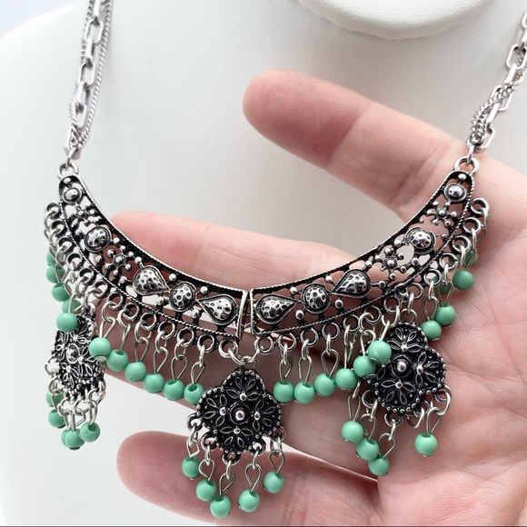 Southwestern Boho Silver Tone Multi Strand Dangling Beaded Statement Necklace - Picture 5 of 14